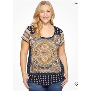 Lucky Brand Size 2X Persian Carpet Short Sleeve Scoop‎ Neck Tee Top Navy Blue
